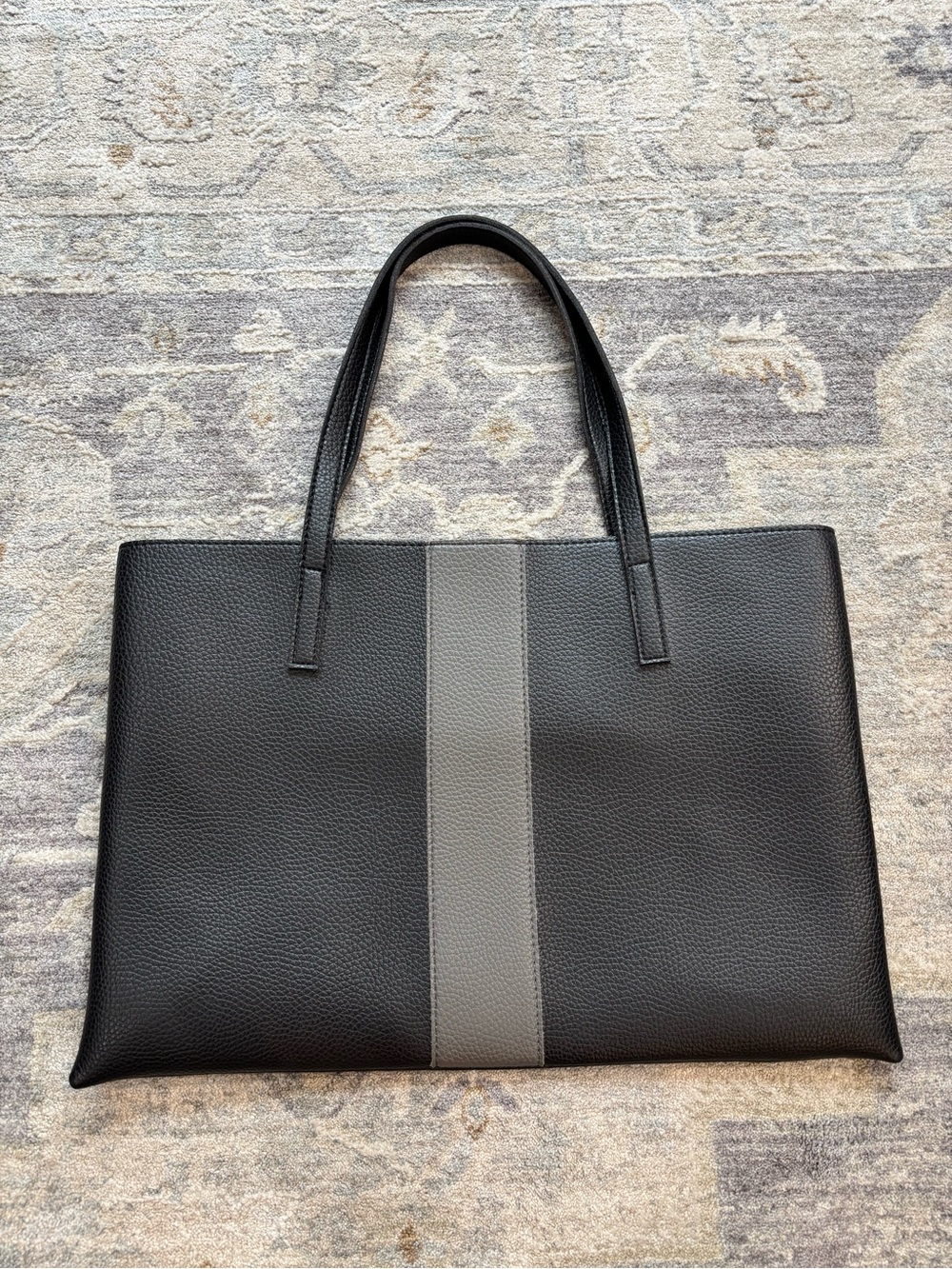 Vince Camuto Black Leather Tote Bag with Gray Stripe